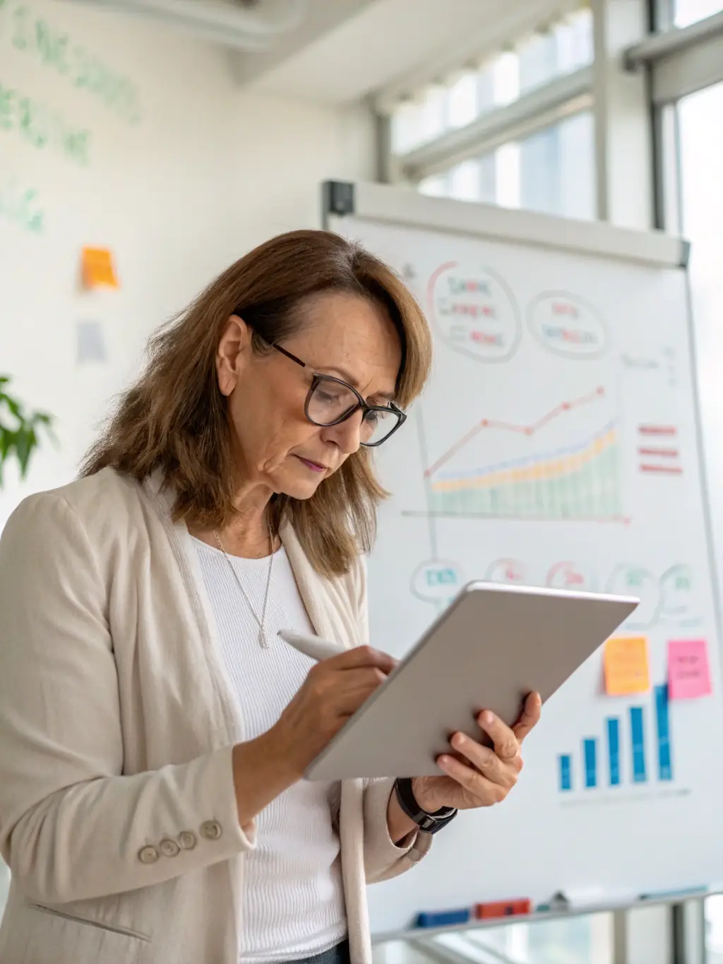 A coach providing personalized guidance to a business owner, using a tablet to review performance metrics and set future goals during a Business Boost consultation.