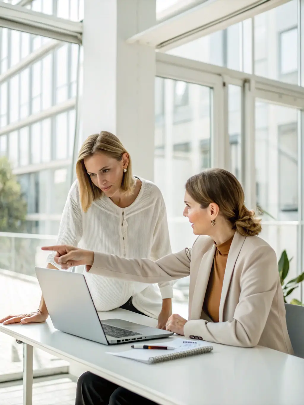 A professional setting with a coach and client discussing strategies over a laptop, symbolizing business growth.