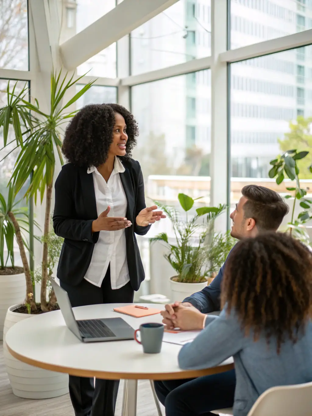 A person confidently presenting to a team in a modern office, symbolizing professional growth and leadership.