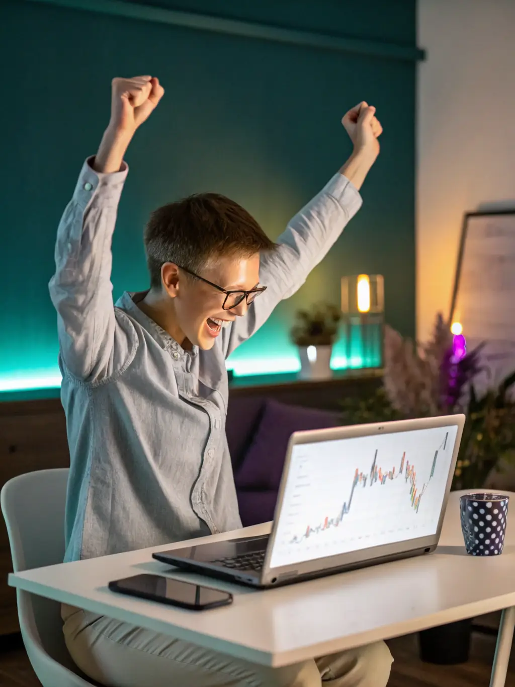 A person celebrating a financial milestone, such as paying off debt or making a successful investment, symbolizing financial freedom.