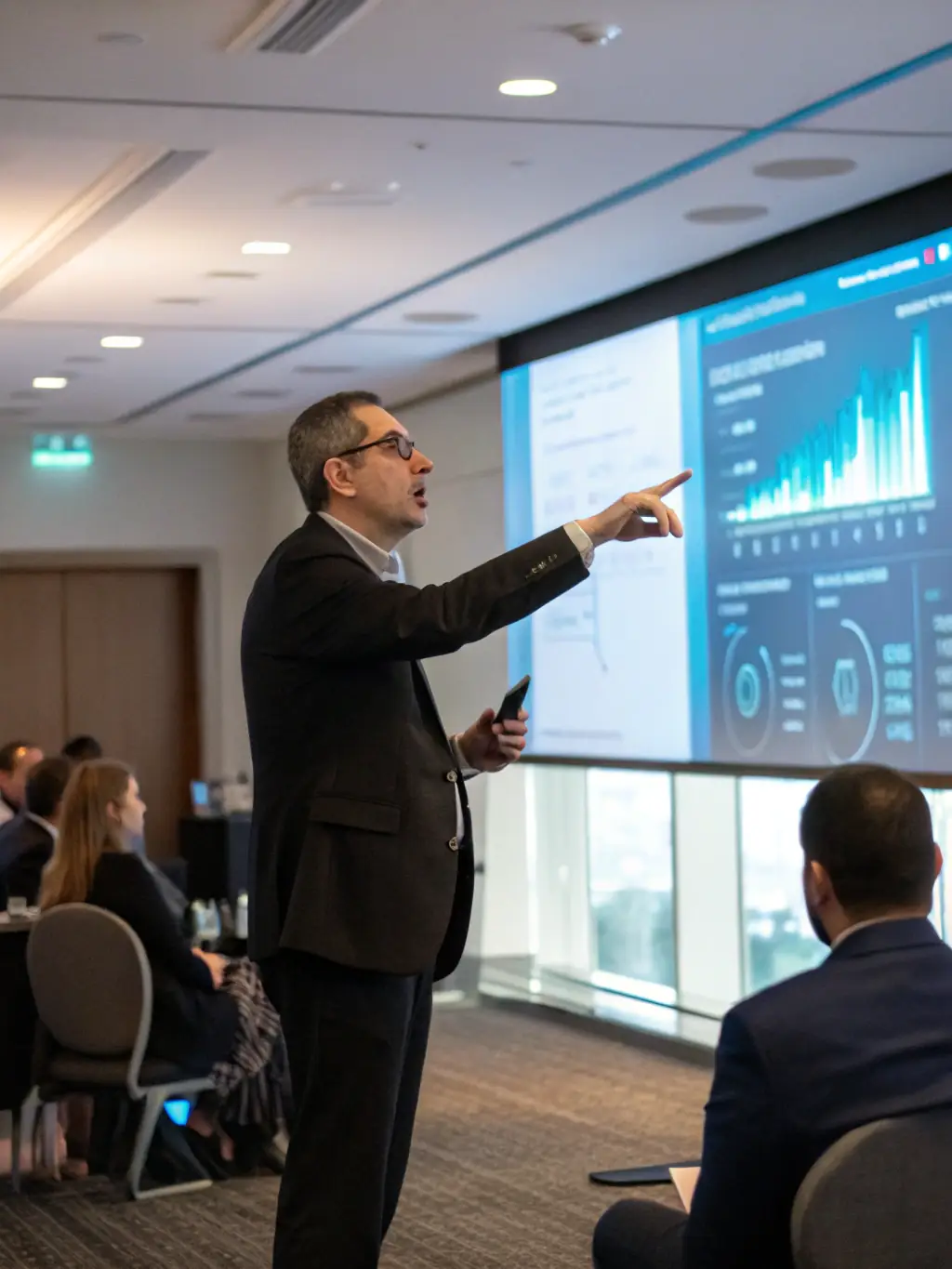 A professional businessman confidently presenting a growth chart during a Business Boost coaching session, emphasizing upward trends and strategic planning.