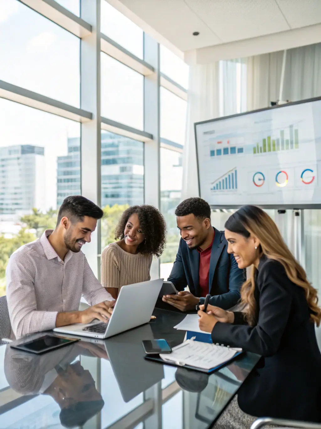 A diverse group of entrepreneurs collaborating around a table, brainstorming ideas and developing innovative solutions during a Business Boost workshop.
